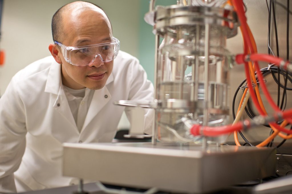 Cong Trinh, professor in the Department of Chemical and Biomolecular Engineering, gazing at lab instrument.