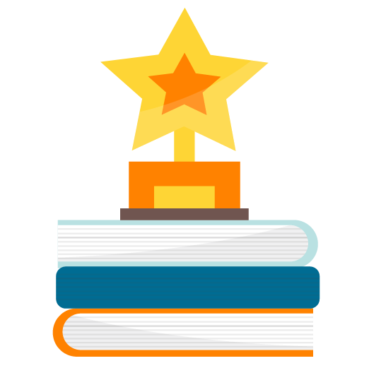 Illustration of a trophy on a pile of books.